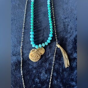 Gold and Turquoise Beaded charm Necklace